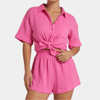 Two-piece ladies summer set with shirt and shorts – Noemi-Pink-XS-State of Style