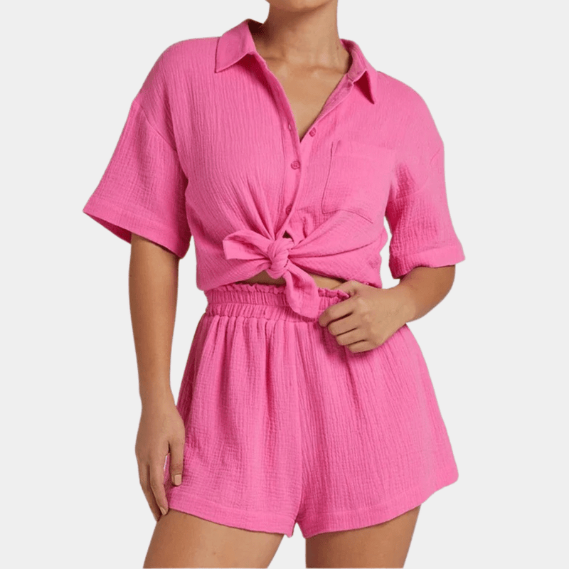 Two-piece ladies summer set with shirt and shorts – Noemi-Pink-XS-State of Style