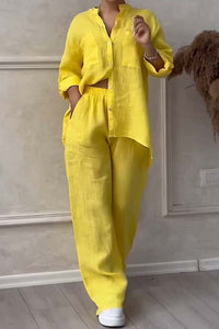 Two-Piece Linen Ladies' Summer Set – Alina-Yellow-S-State of Style