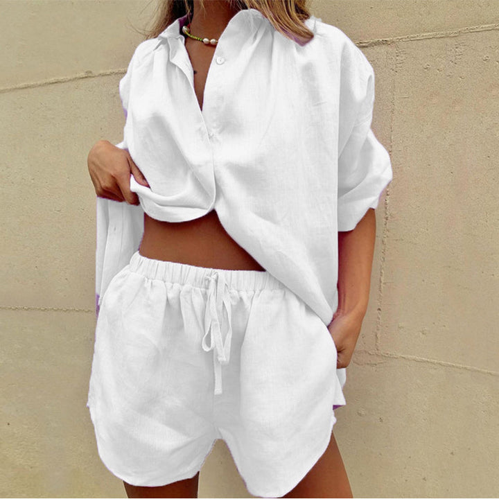 Two-Piece Linen Ladies Summer Set with Relaxed Fit – Aveline-White-S-State of Style