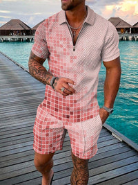 Two-piece Men's Summer Set with Polo and Shorts – Damon-White/Pink-S-State of Style