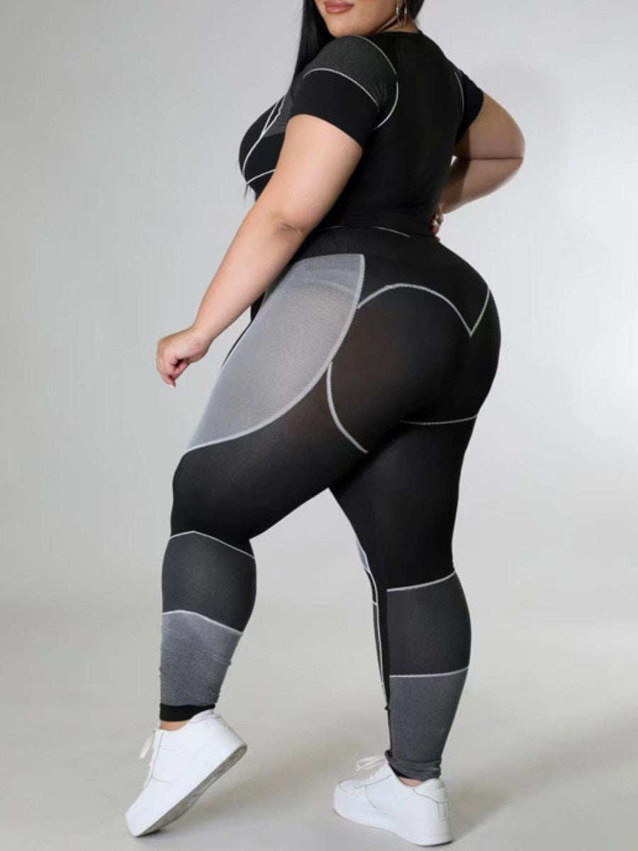 Two-Piece Patchwork Set – Plus-Size Leggings & Crop Top-Blue-2XL-State of Style