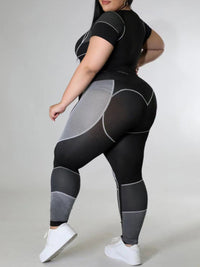 Two-Piece Patchwork Set – Plus-Size Leggings & Crop Top-Blue-2XL-State of Style