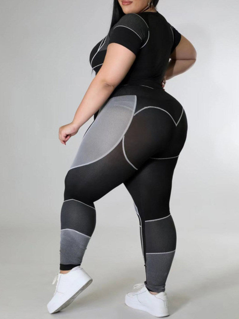 Two-Piece Patchwork Set – Plus-Size Leggings & Crop Top-Blue-2XL-State of Style