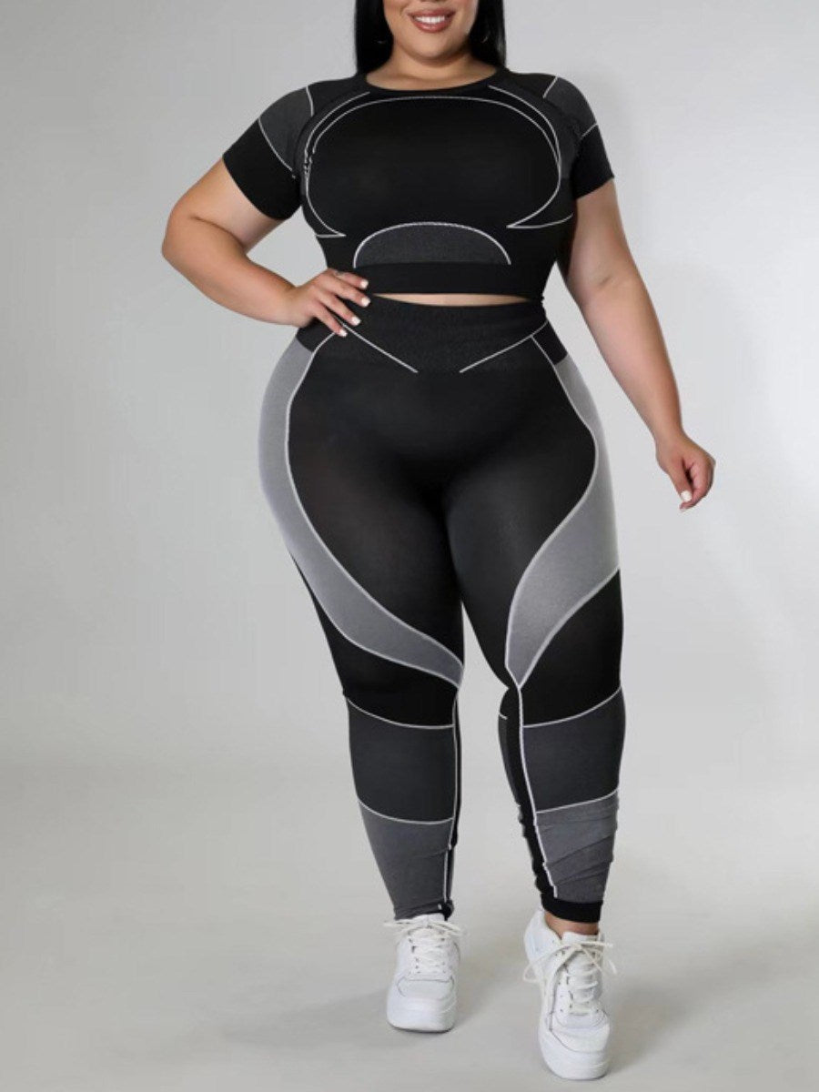 Two-Piece Patchwork Set – Plus-Size Leggings & Crop Top-Blue-2XL-State of Style