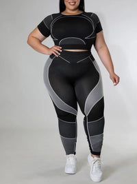 Two-Piece Patchwork Set – Plus-Size Leggings & Crop Top-Blue-2XL-State of Style