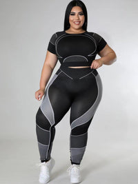 Two-Piece Patchwork Set – Plus-Size Leggings & Crop Top-Blue-2XL-State of Style