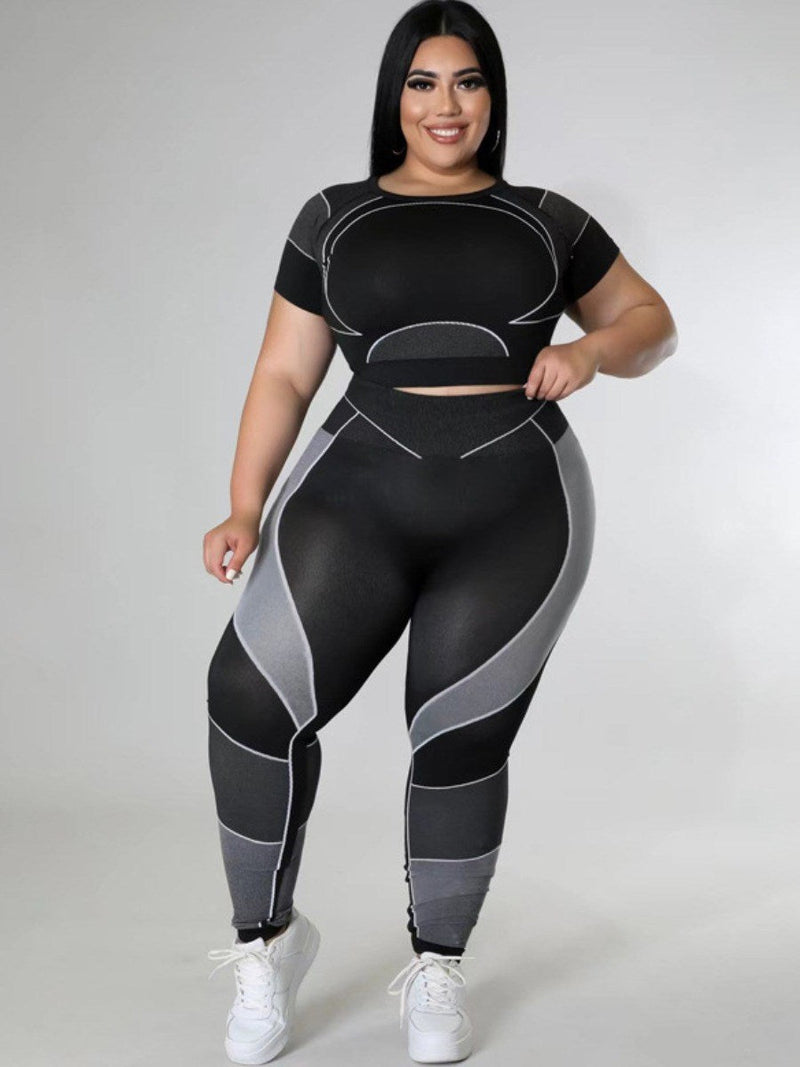 Two-Piece Patchwork Set – Plus-Size Leggings & Crop Top-Blue-2XL-State of Style
