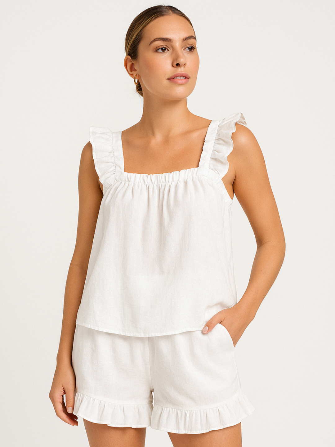 Two-piece ruffle pyjama set for summer – Nia-White-S-State of Style