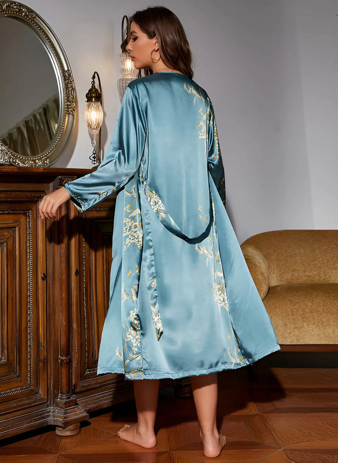 Two-piece satin dress-kimono set for women – Livia-Green-S-State of Style