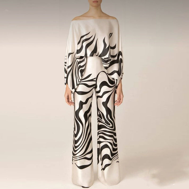 Two-Piece Satin Set with Pattern – Selena-Black-S-State of Style