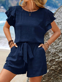 Two-Piece Set with Flared Sleeves and Loose Fitting Shorts – Livana-Blue-S-State of Style