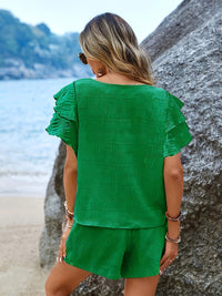 Two-Piece Set with Flared Sleeves and Loose Fitting Shorts – Livana-Blue-S-State of Style