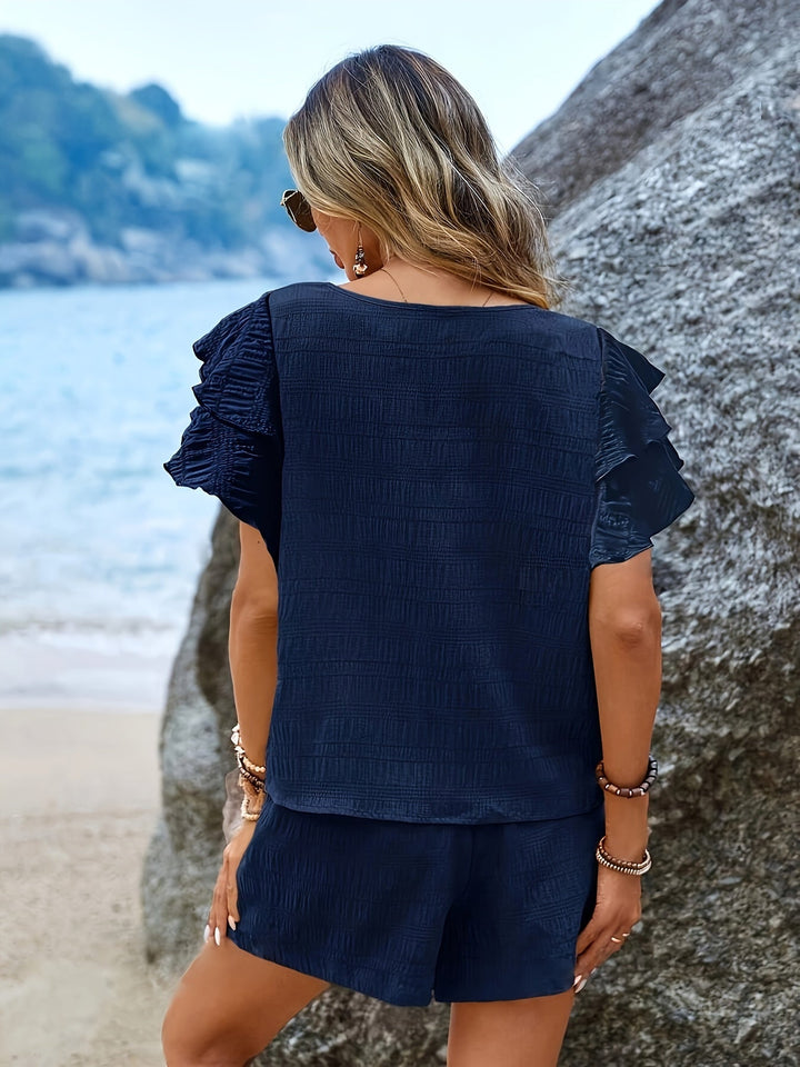 Two-Piece Set with Flared Sleeves and Loose Fitting Shorts – Livana-Blue-S-State of Style