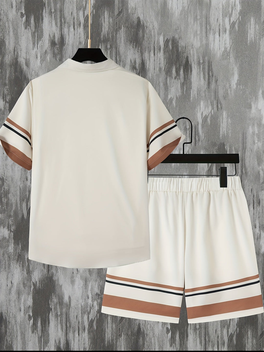 Two-piece set with striped print short-sleeve shirt and shorts - Mateo-Apricot-M-State of Style