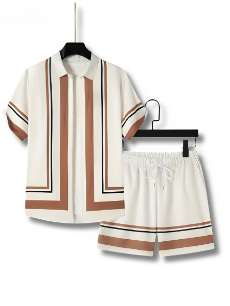 Two-piece set with striped print short-sleeve shirt and shorts - Mateo-Apricot-M-State of Style