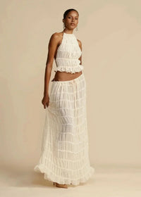 Two-piece summer outfit for women with boho skirt and off-the-shoulder top – Alina-White-S-State of Style