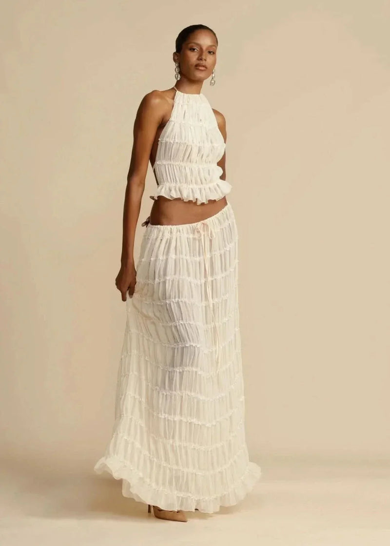 Two-piece summer outfit for women with boho skirt and off-the-shoulder top – Alina-White-S-State of Style