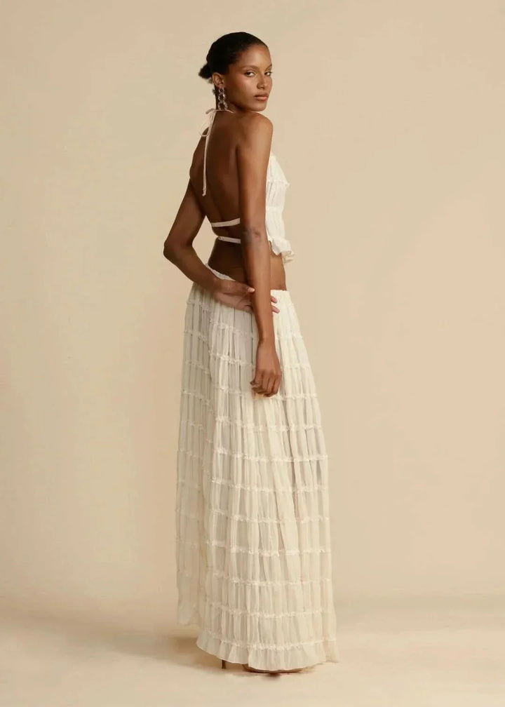 Two-piece summer outfit for women with boho skirt and off-the-shoulder top – Alina-White-S-State of Style