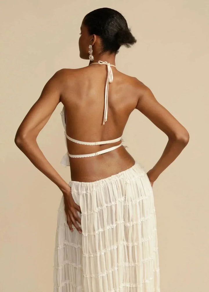 Two-piece summer outfit for women with boho skirt and off-the-shoulder top – Alina-White-S-State of Style