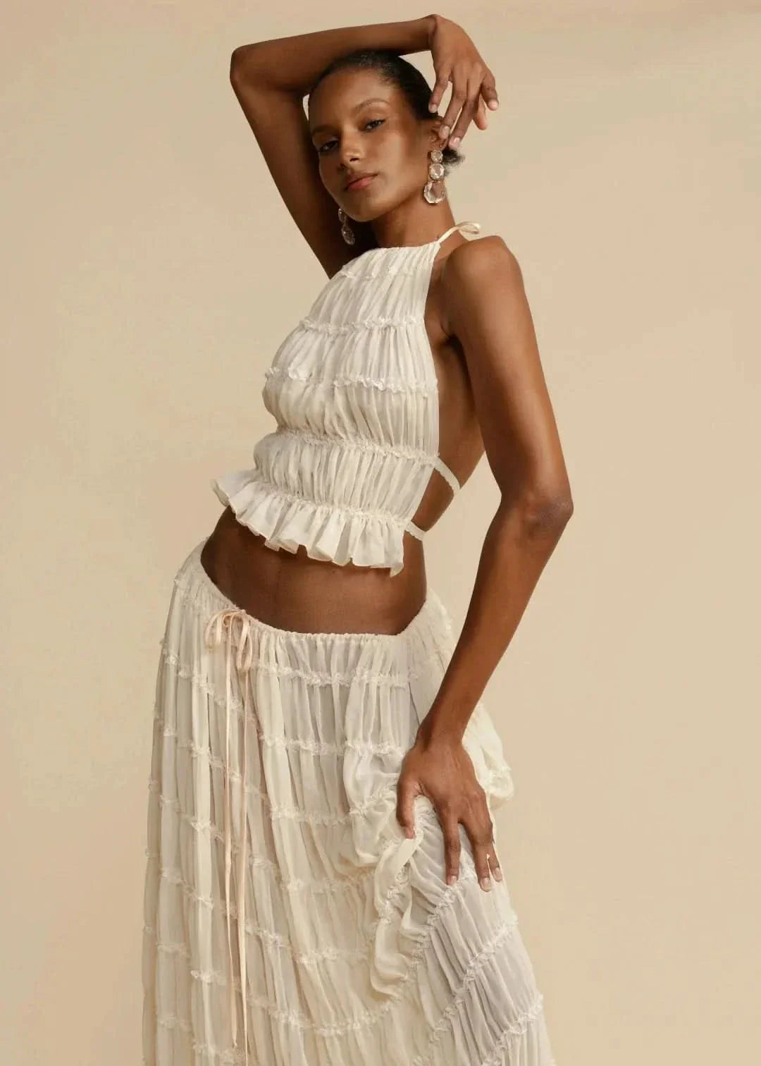 Two-piece summer outfit for women with boho skirt and off-the-shoulder top – Alina-White-S-State of Style