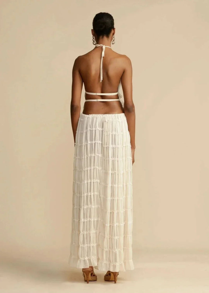 Two-piece summer outfit for women with boho skirt and off-the-shoulder top – Alina-White-S-State of Style