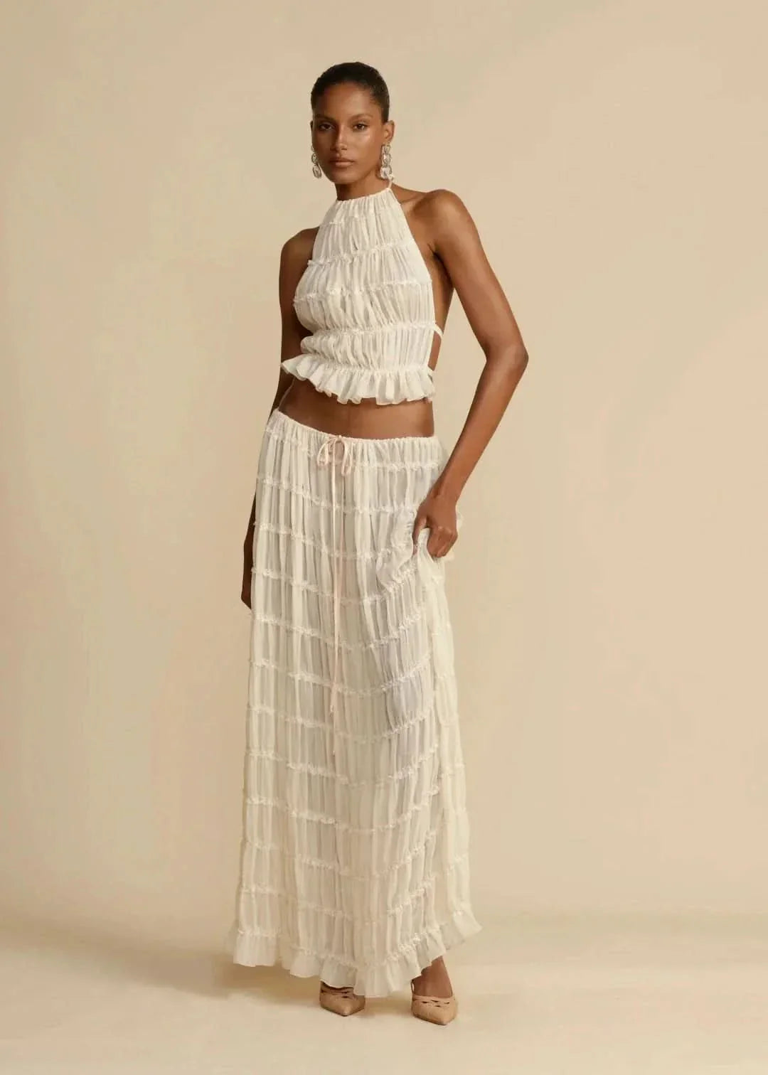 Two-piece summer outfit for women with boho skirt and off-the-shoulder top – Alina-White-S-State of Style