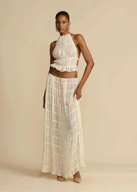 Two-piece summer outfit for women with boho skirt and off-the-shoulder top – Alina-White-S-State of Style