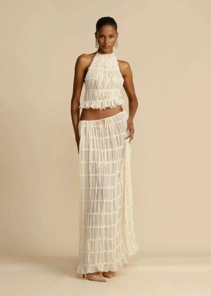 Two-piece summer outfit for women with boho skirt and off-the-shoulder top – Alina-White-S-State of Style