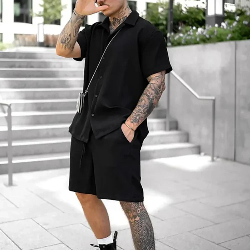 Two-piece summer set for men with shirt and shorts - Milan-Black-S-State of Style