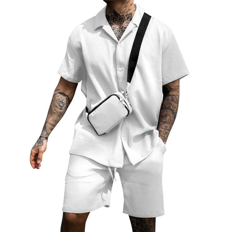 Two-piece summer set for men with shirt and shorts - Milan-White-S-State of Style