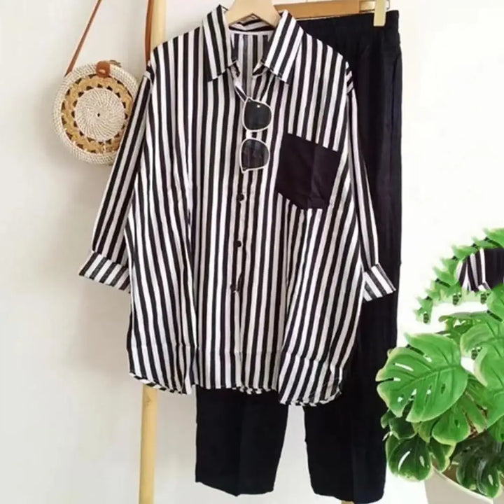 Two-piece summer set made of linen Loose shirt & Wide trousers - Zayenne-Black-S-State of Style