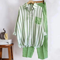 Two-piece summer set made of linen Loose shirt & Wide trousers - Zayenne-Green-S-State of Style