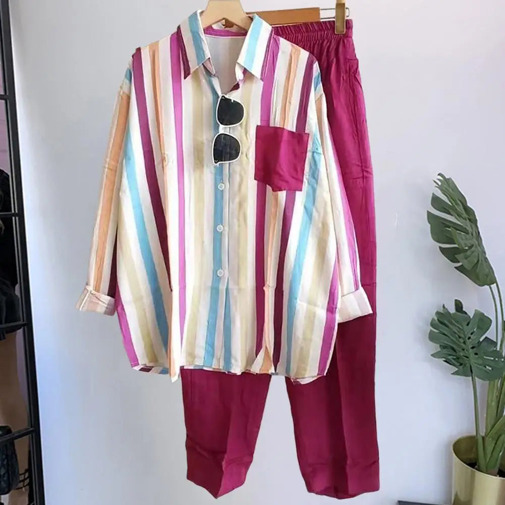 Two-piece summer set made of linen Loose shirt & Wide trousers - Zayenne-Rose pink-S-State of Style