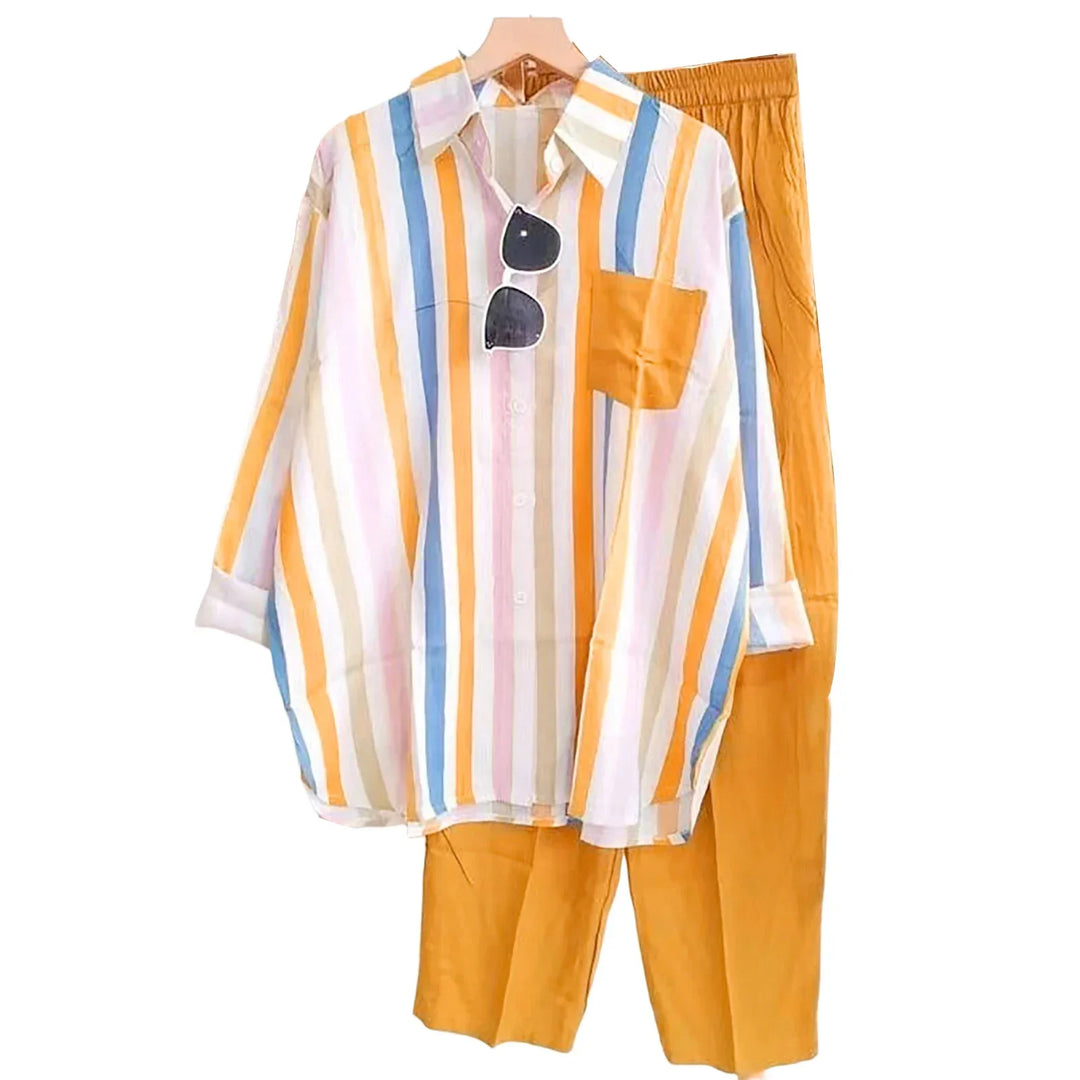 Two-piece summer set made of linen Loose shirt & Wide trousers - Zayenne-Yellow-S-State of Style
