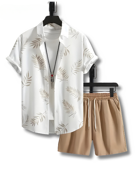 Two-piece summer set men leaf print shirt and shorts - Kiano-White/Brown-M(48)-State of Style