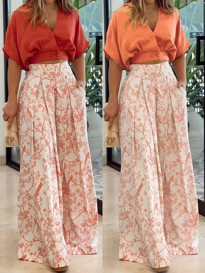 Two-Piece Summer Set with Loose Blouse and Wide Trousers – Élise-Orange-S-State of Style