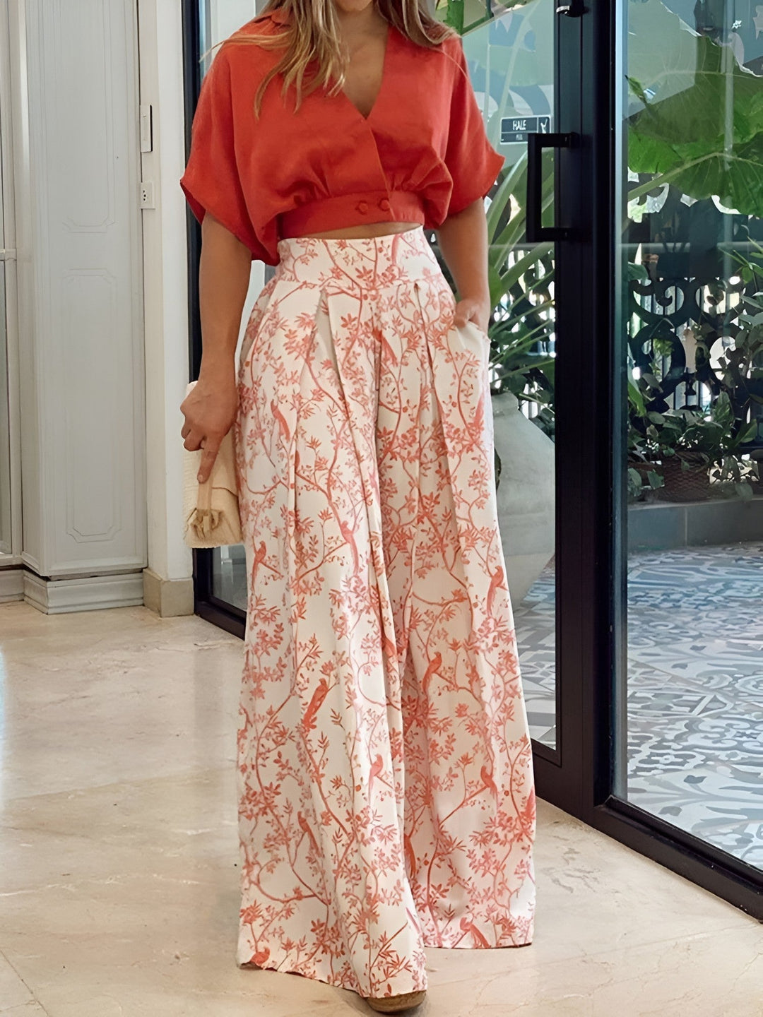 Two-Piece Summer Set with Loose Blouse and Wide Trousers – Élise-Red-S-State of Style