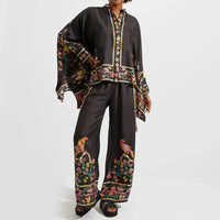 Two-piece Women's Linen Streetwear Set with Ethno Print – Samira-Black-S-State of Style