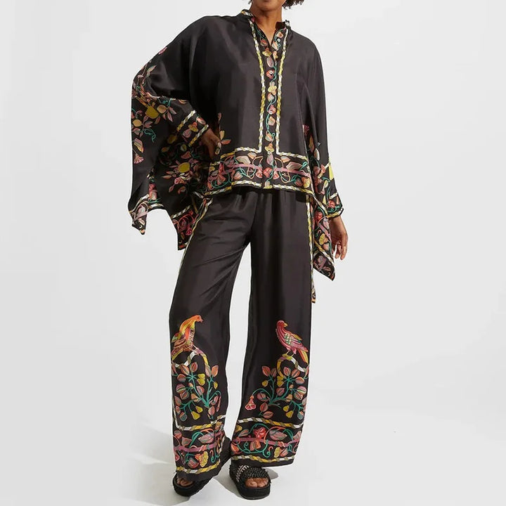 Two-piece Women's Linen Streetwear Set with Ethno Print – Samira-Black-S-State of Style