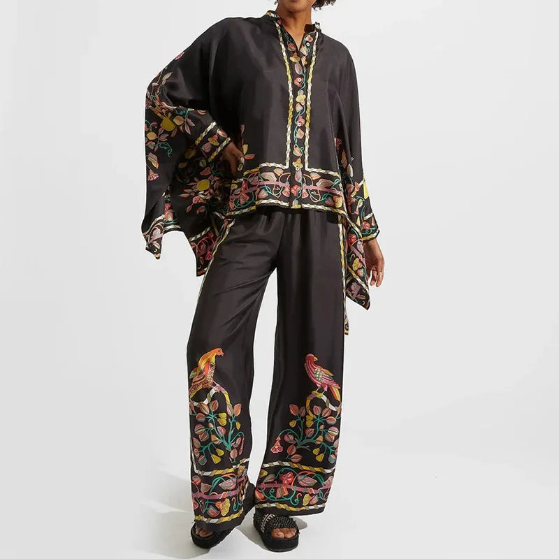 Two-piece Women's Linen Streetwear Set with Ethno Print – Samira-Black-S-State of Style