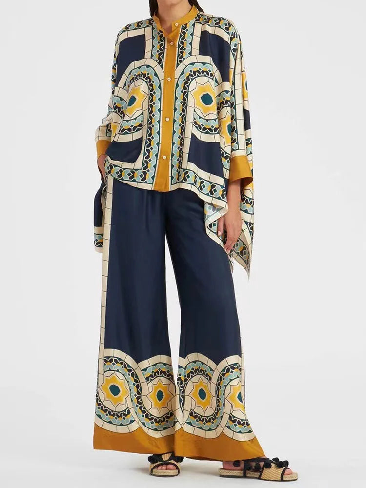 Two-piece Women's Linen Streetwear Set with Ethno Print – Samira-Blue-S-State of Style