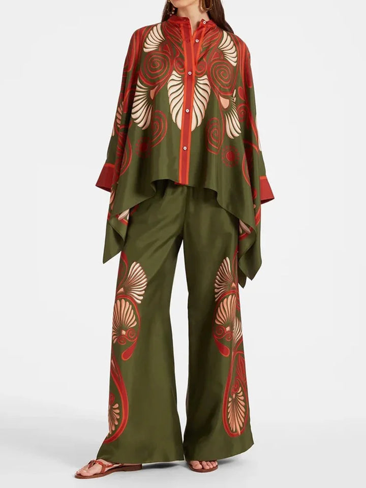 Two-piece Women's Linen Streetwear Set with Ethno Print – Samira-Green-S-State of Style