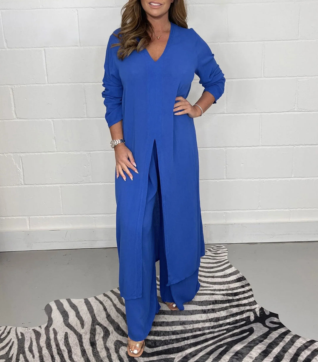 Two-piece women's set with wide trousers – Trendy & Airy – Cosima-Blue-S-State of Style
