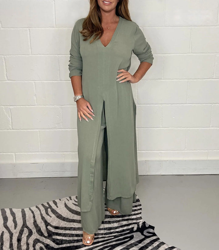 Two-piece women's set with wide trousers – Trendy & Airy – Cosima-Green-S-State of Style
