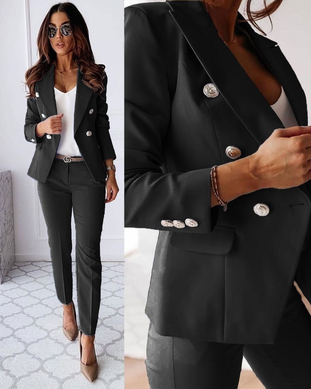 Two-piece women's slim-fit set for modern business looks – Valentina-Black-S-State of Style