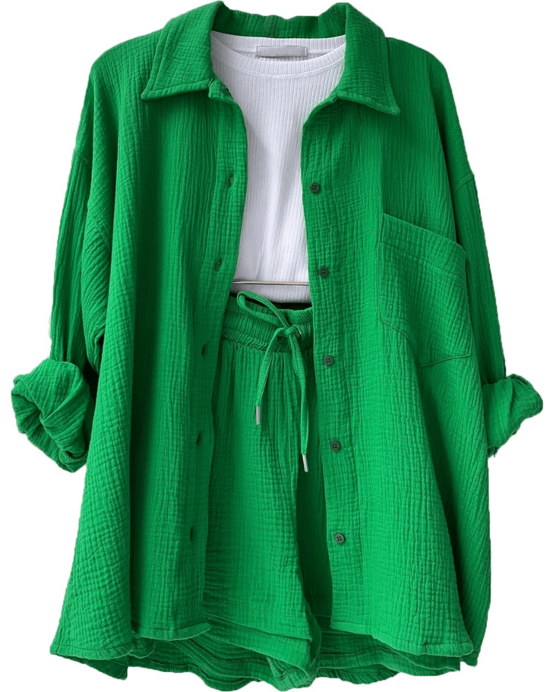 Two-piece women's summer outfit with shirt and trousers – Mila-Green-S-State of Style