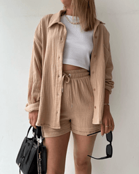 Two-piece women's summer outfit with shirt and trousers – Mila-Khaki-S-State of Style