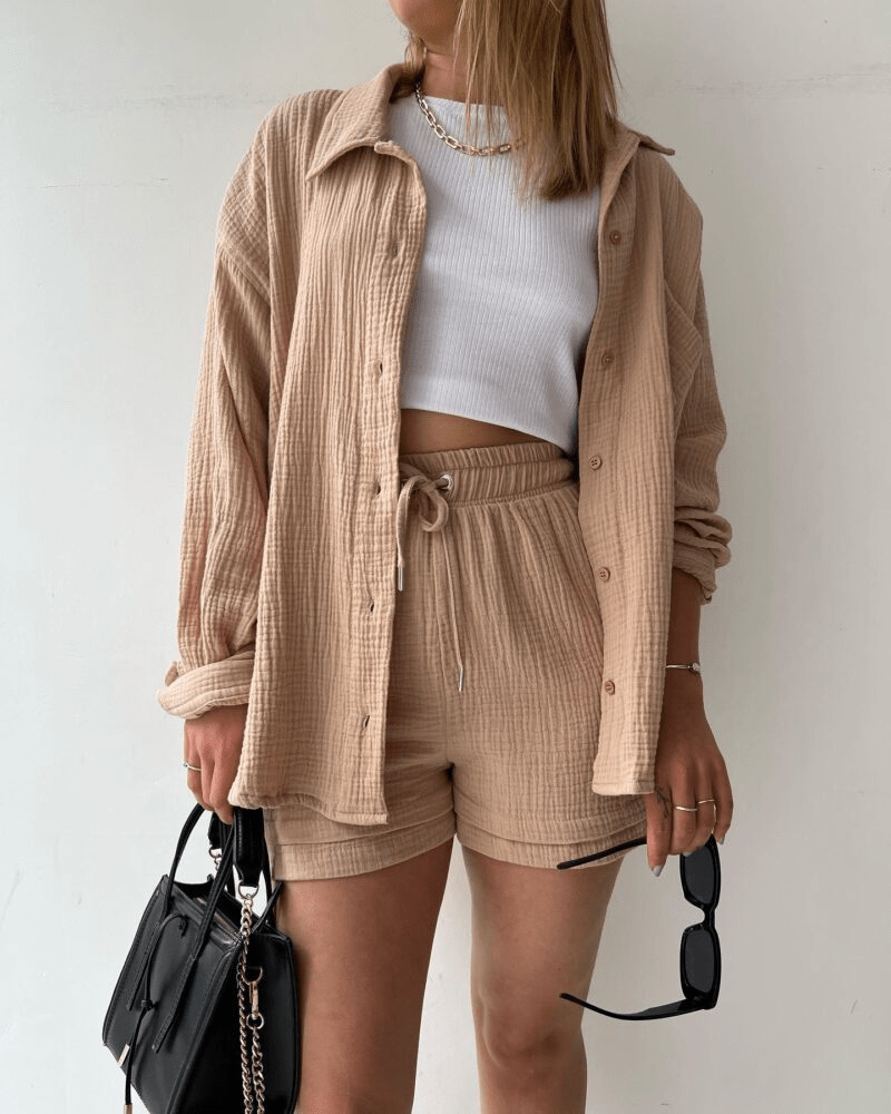 Two-piece women's summer outfit with shirt and trousers – Mila-Khaki-S-State of Style