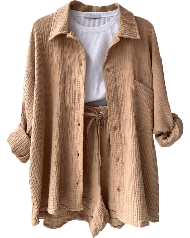 Two-piece women's summer outfit with shirt and trousers – Mila-Khaki-S-State of Style
